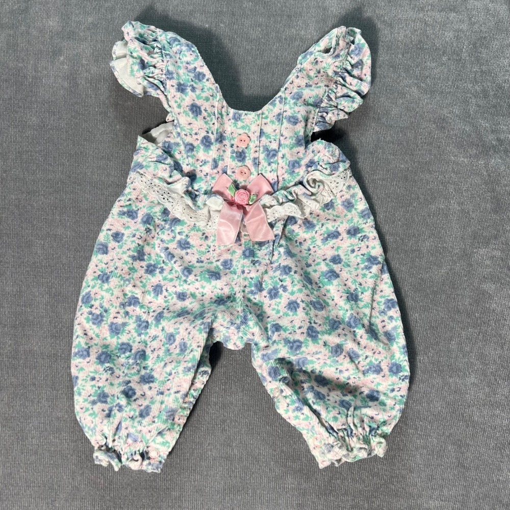 Vintage Floral Corduroy Romper 3-6 Months Ruffle Lace Bow Blue Pink Jumpsuit